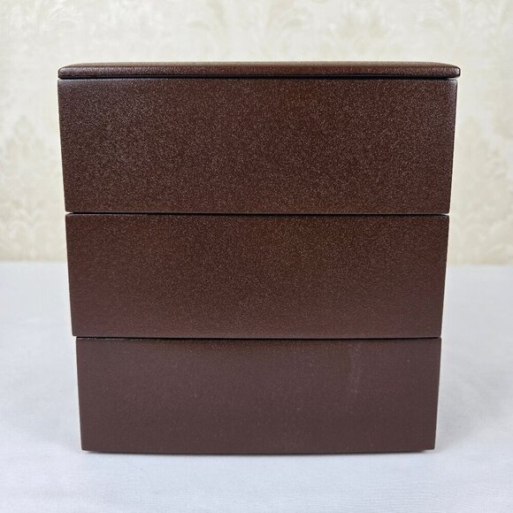 Japanese Jubako Stacked Box Brown w/Red Lacquer Interior Bunnies and Flowers - Picture 4 of 15